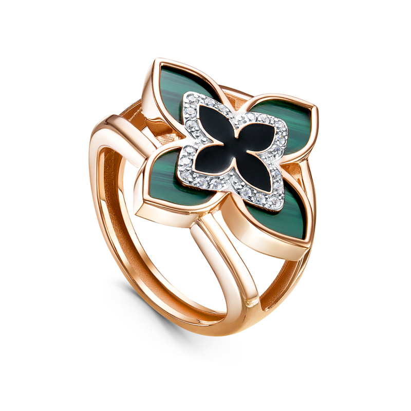 Золотое кольцо с малахитом, фианитами и фианитами