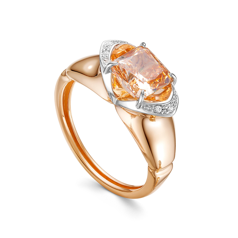 Золотое кольцо с бриллианитом и фианитами