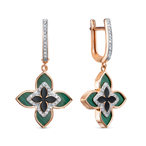 Золотые серьги с малахитом, фианитами и фианитами