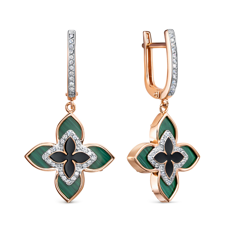 Золотые серьги с малахитом, фианитами и фианитами