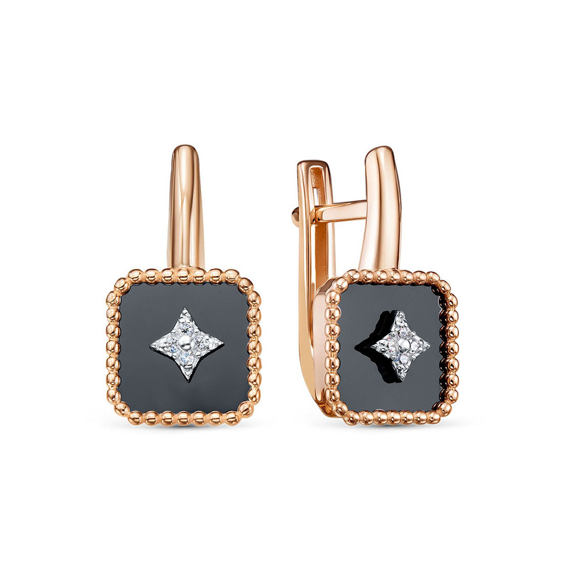 Золотые серьги с ониксом и фианитами