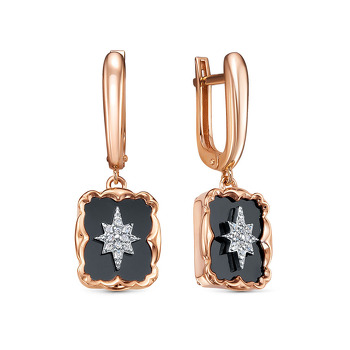 Золотые серьги с ониксом, фианитами и фианитами