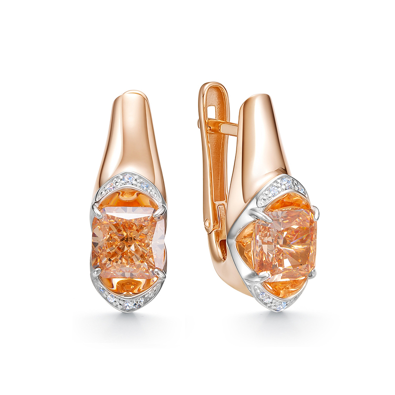 Золотые серьги с бриллианитом и фианитами