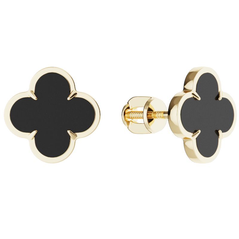 Золотые серьги-пусеты с ониксом, малахитом и перламутром