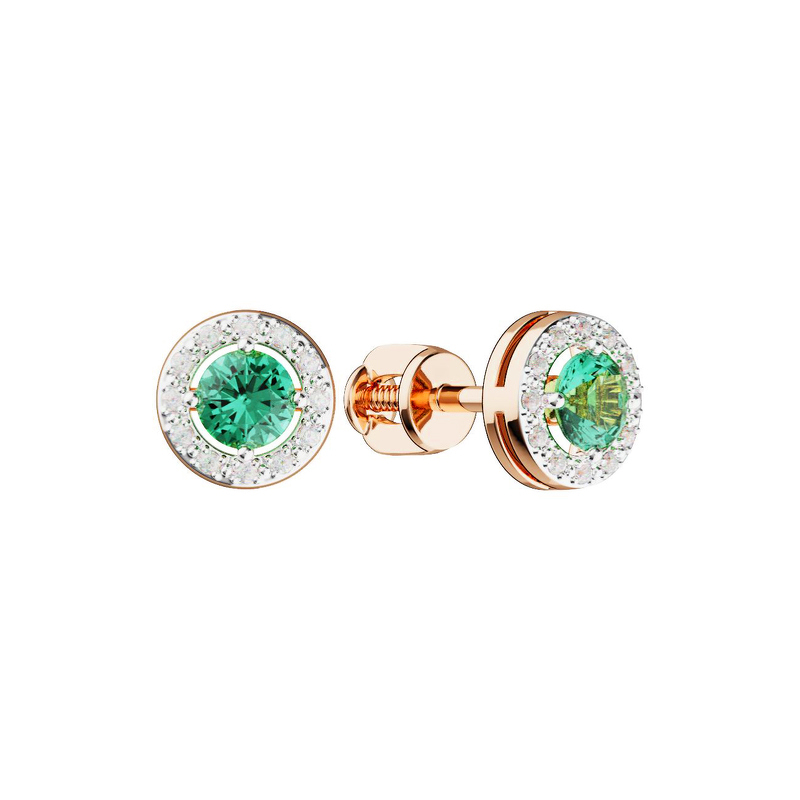 Золотые серьги-пусеты с изумрудом и бриллиантами