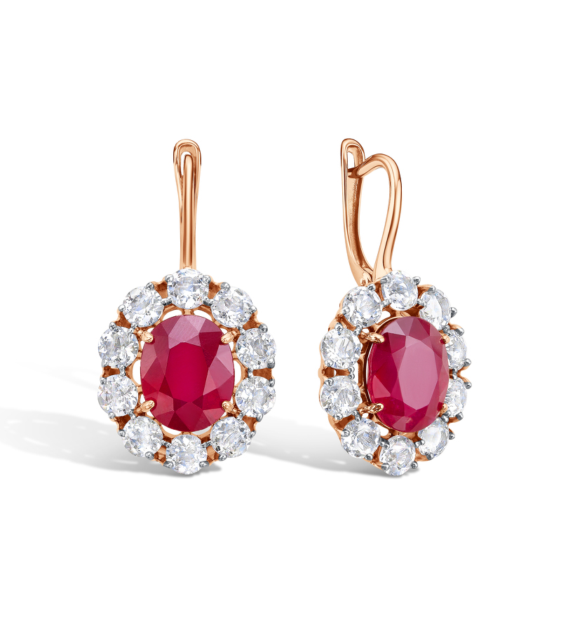 Золотые серьги с рубином и горным хрусталем