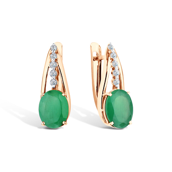 Золотые серьги с изумрудом и фианитами