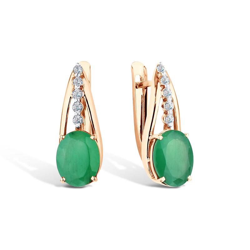 Золотые серьги с изумрудом и фианитами