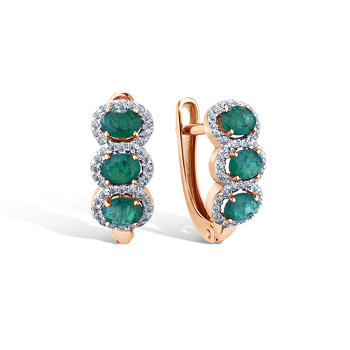 Золотые серьги с изумрудами и фианитами