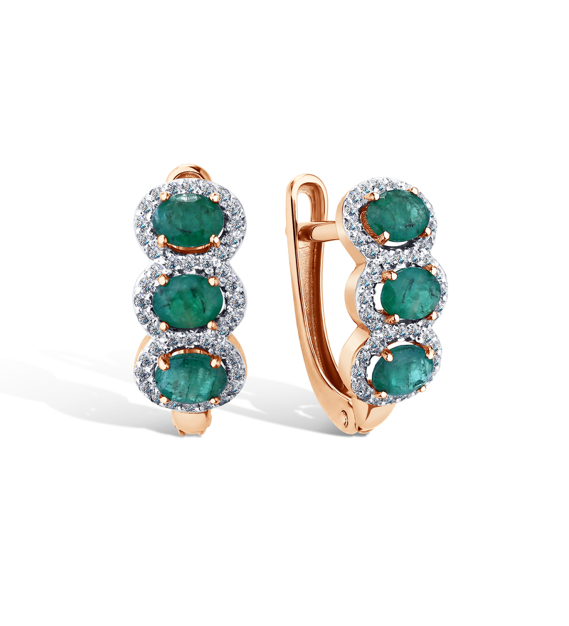 Золотые серьги с изумрудами и фианитами