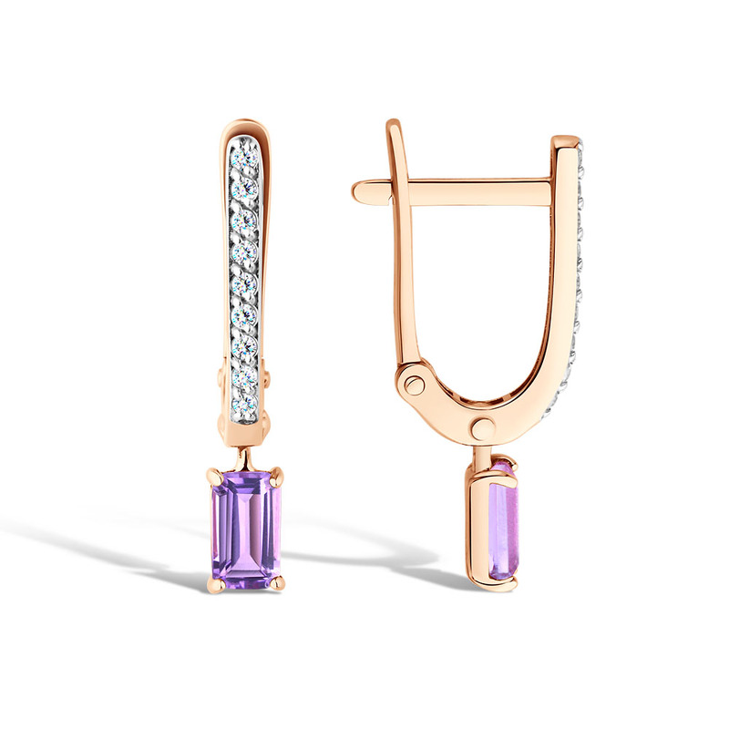 Золотые серьги с аметистом и фианитами