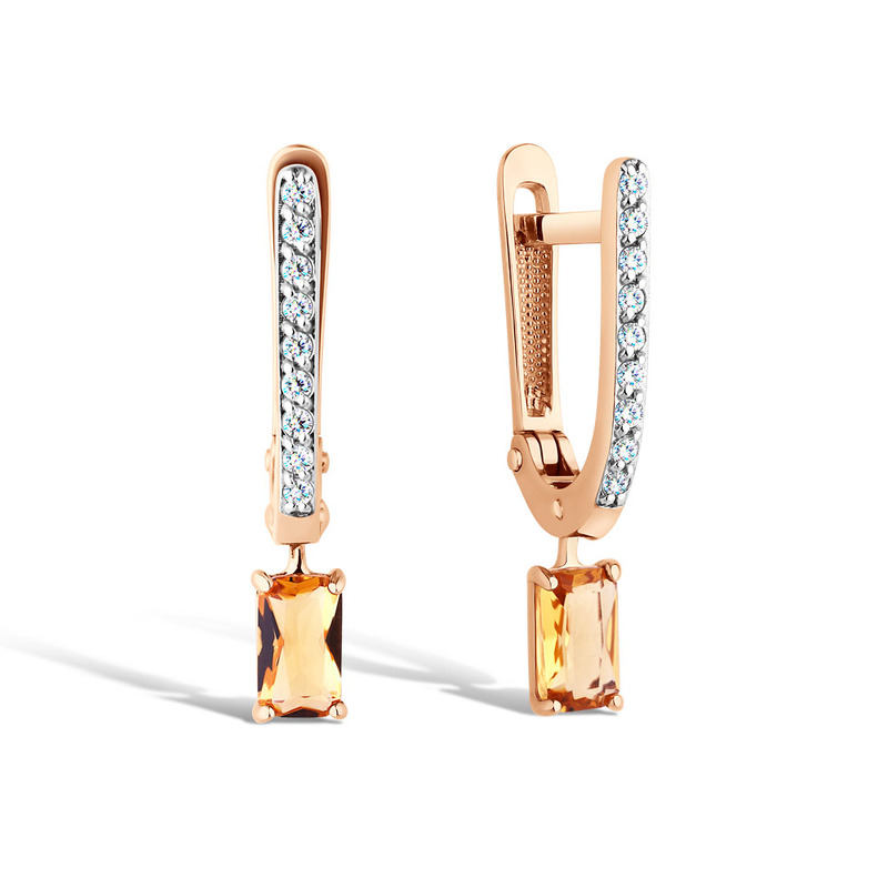 Золотые серьги с цитрином и фианитами