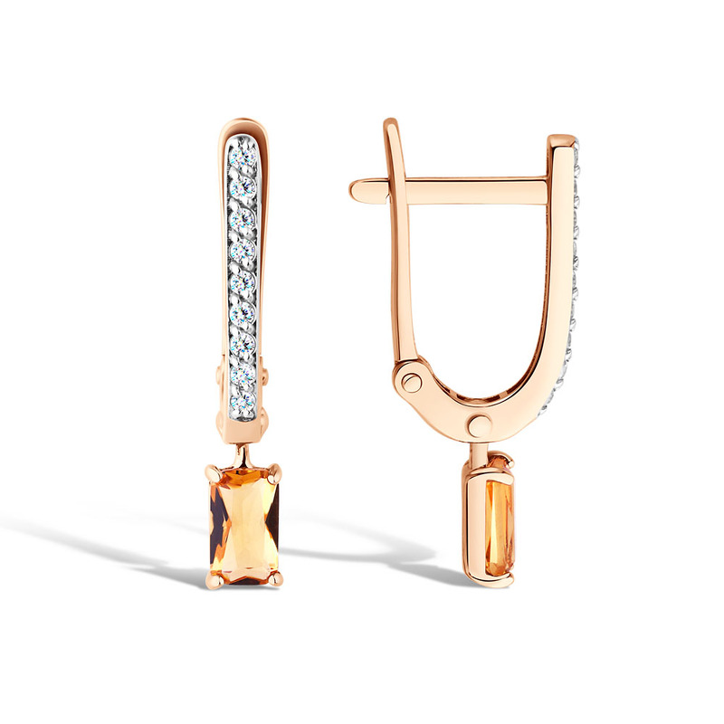 Золотые серьги с цитрином и фианитами