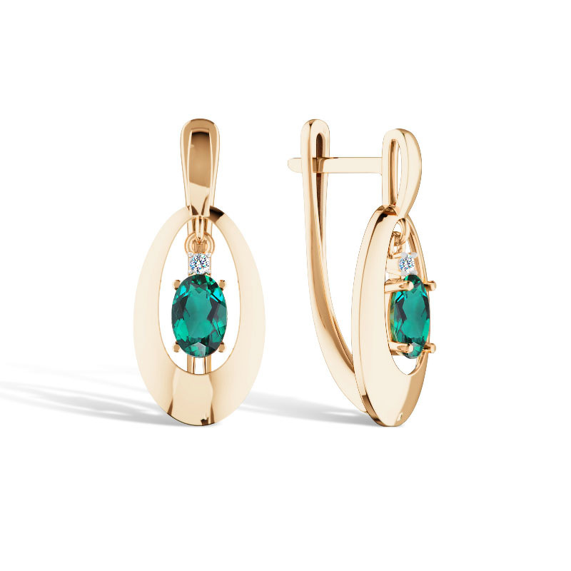 Золотые серьги с изумрудом и муассанитом