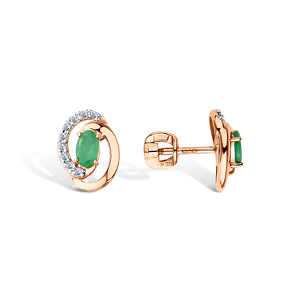 Золотые серьги-пусеты с изумрудом и фианитами