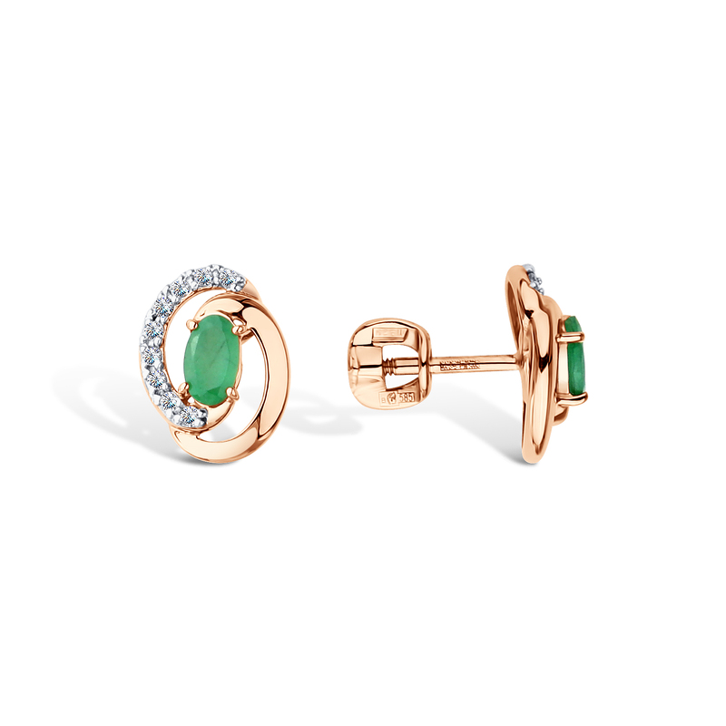 Золотые серьги-пусеты с изумрудом и фианитами