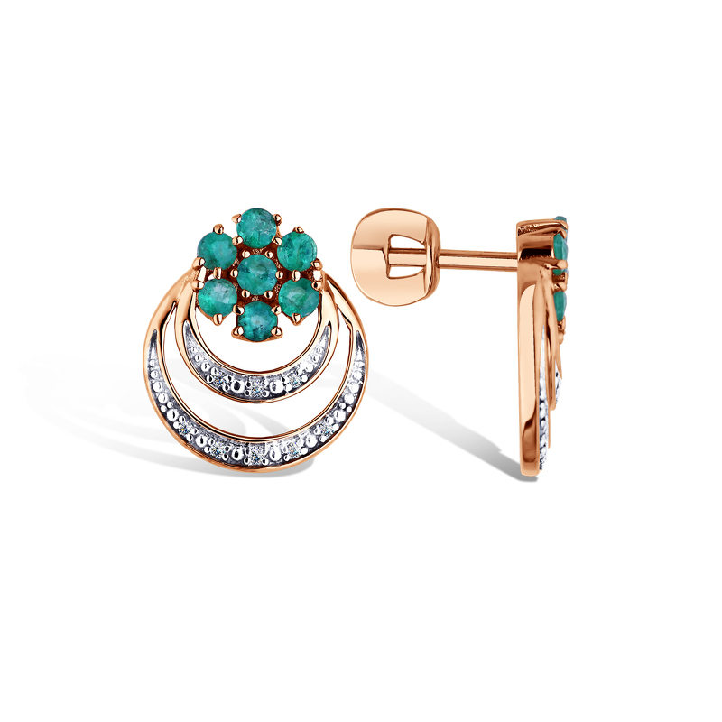 Золотые серьги-пусеты с изумрудами и бриллиантами
