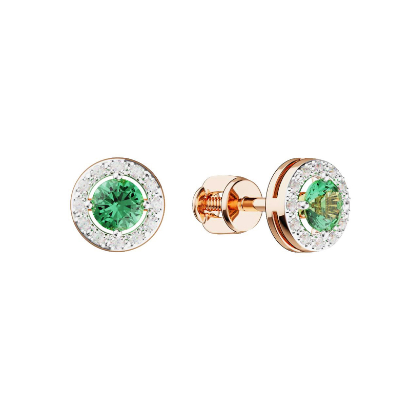 Золотые серьги-пусеты с изумрудом и бриллиантами