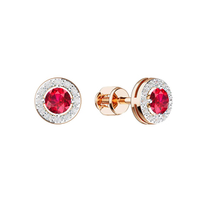 Золотые серьги-пусеты с рубином и бриллиантами