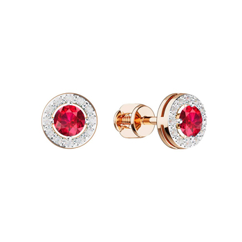 Золотые серьги-пусеты с рубином и бриллиантами
