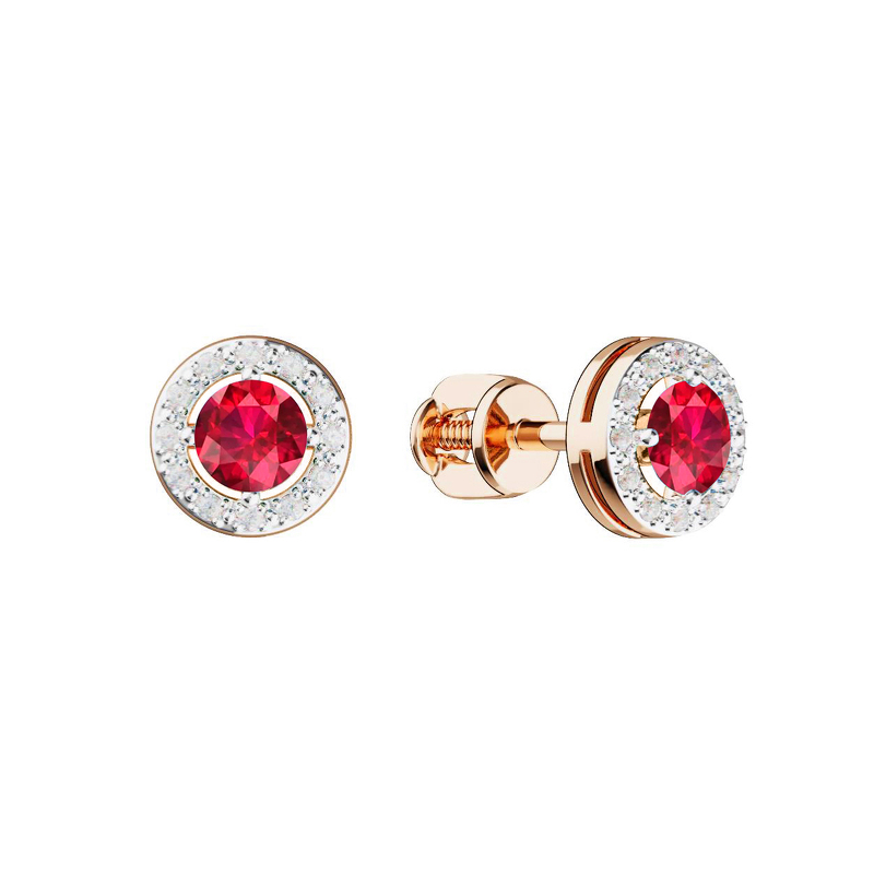 Золотые серьги-пусеты с рубином и бриллиантами