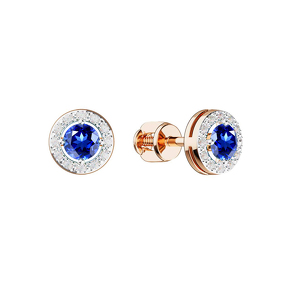 Золотые серьги-пусеты с сапфиром и бриллиантами