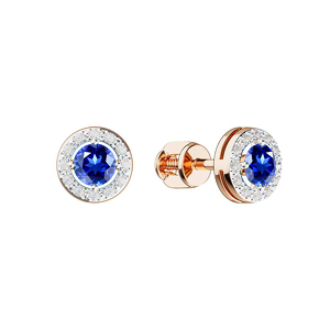 Золотые серьги-пусеты с сапфиром и бриллиантами