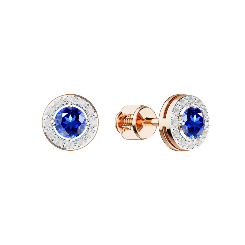 Золотые серьги-пусеты с сапфиром и бриллиантами