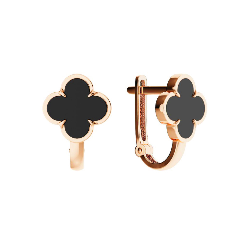 Золотые серьги «Четыре лепестка удачи» с ониксом