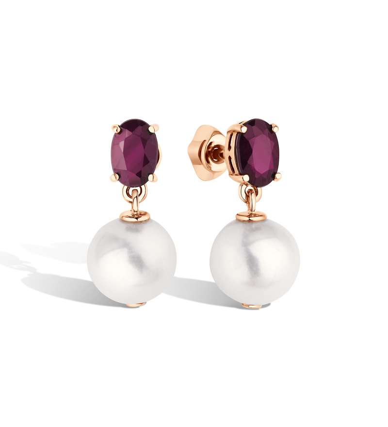Золотые серьги-пусеты с жемчугом и рубином