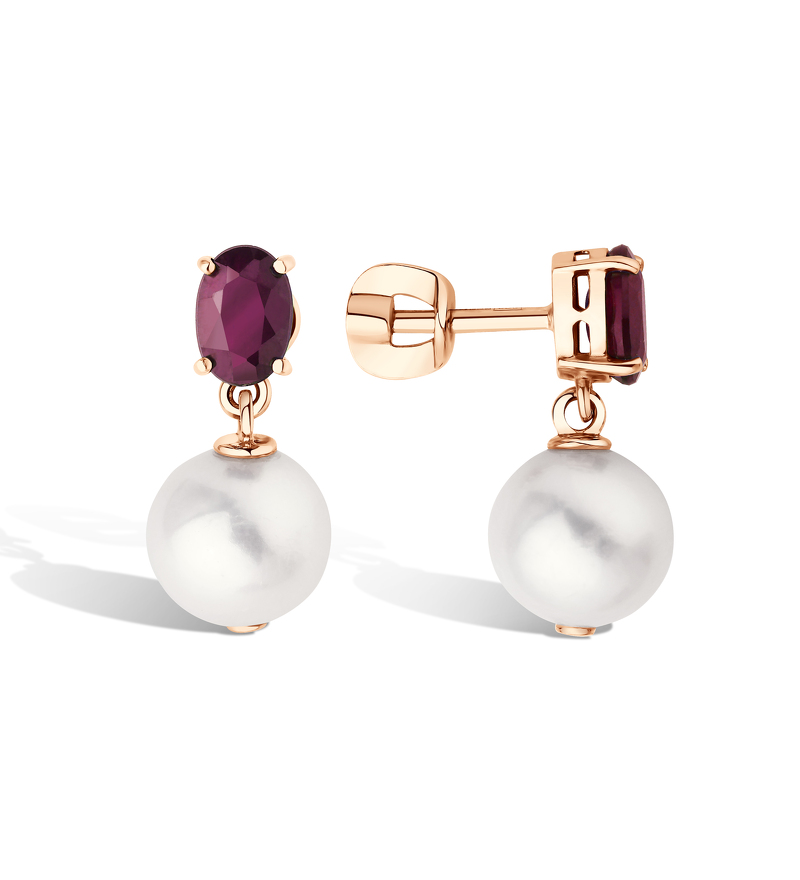 Золотые серьги-пусеты с жемчугом и рубином