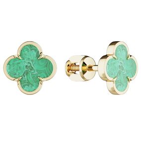 Золотые серьги-пусеты с малахитом