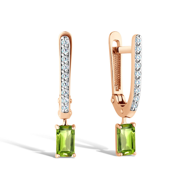 Золотые серьги с хризолитом и фианитами