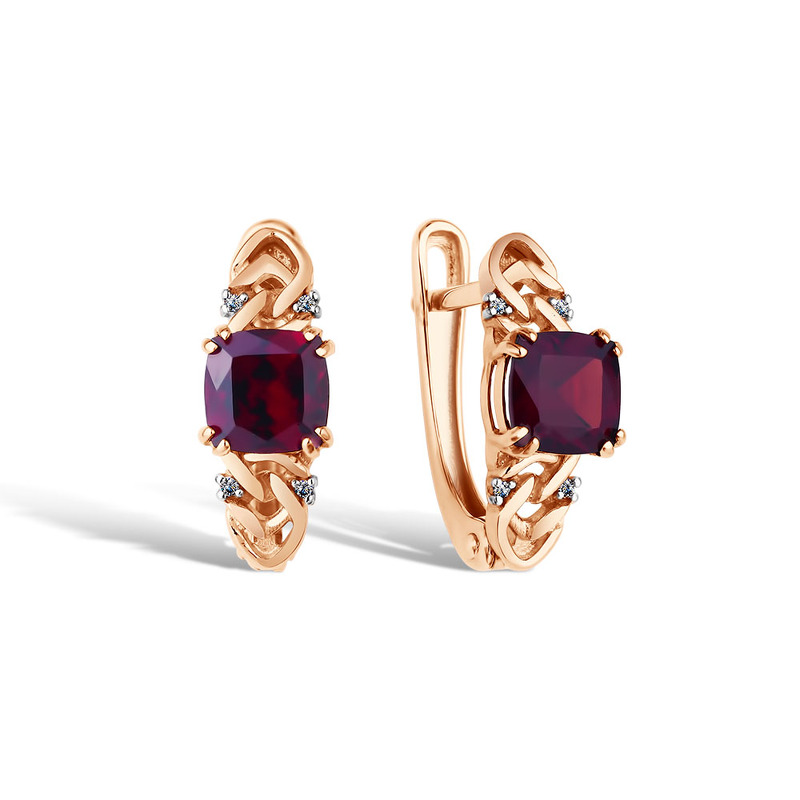 Золотые серьги с гранатом и бриллиантами