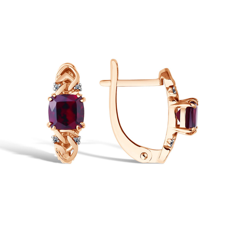 Золотые серьги с гранатом и бриллиантами