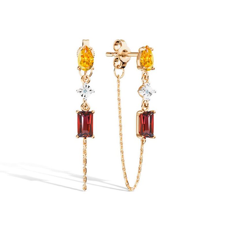 Золотые серьги-пусеты с гранатом, цитрином и бриллиантом