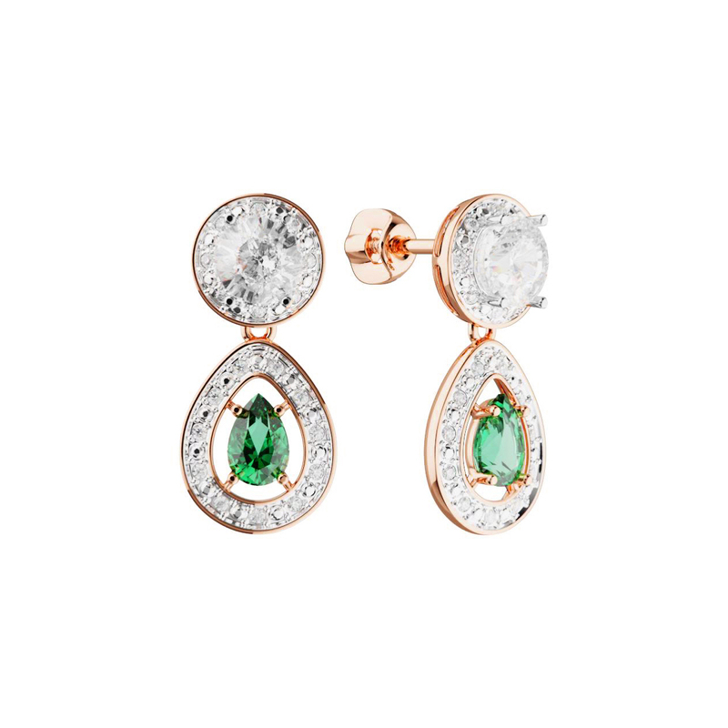 Золотые серьги-пусеты с муассанитами и изумрудом