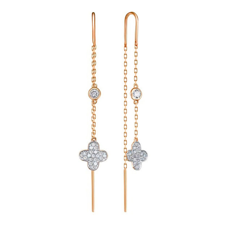 Золотые серьги-продевки «Линии света» с фианитами