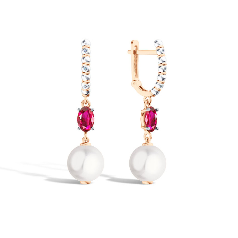 Золотые серьги с жемчугом, рубином и муассанитами