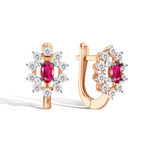 Золотые серьги с муассанитами, рубином и бриллиантами