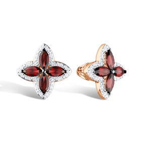 Золотые серьги-пусеты «Четыре лепестка удачи» с гранатами и фианитами