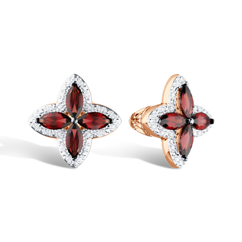 Золотые серьги-пусеты «Четыре лепестка удачи» с гранатами и фианитами