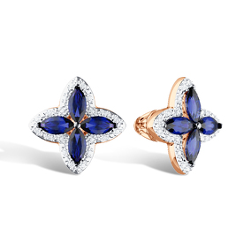 Золотые серьги-пусеты с сапфирами и фианитами «Четыре лепестка удачи»
