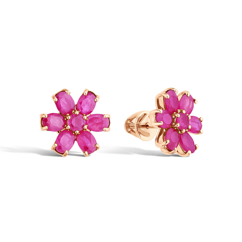 Золотые серьги-пусеты с рубинами