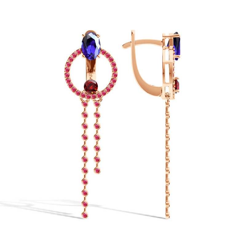 Серебряные серьги с сапфиром, рубинами и гранатом