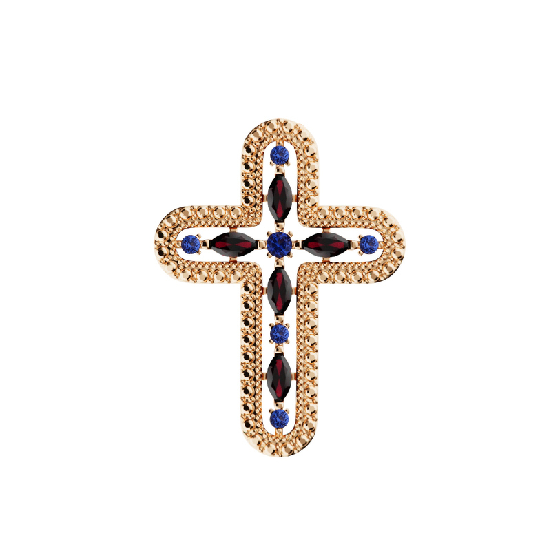 Серебряный крест с гранатами и сапфирами