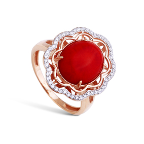 Серебряное кольцо с фианитами и кораллом
