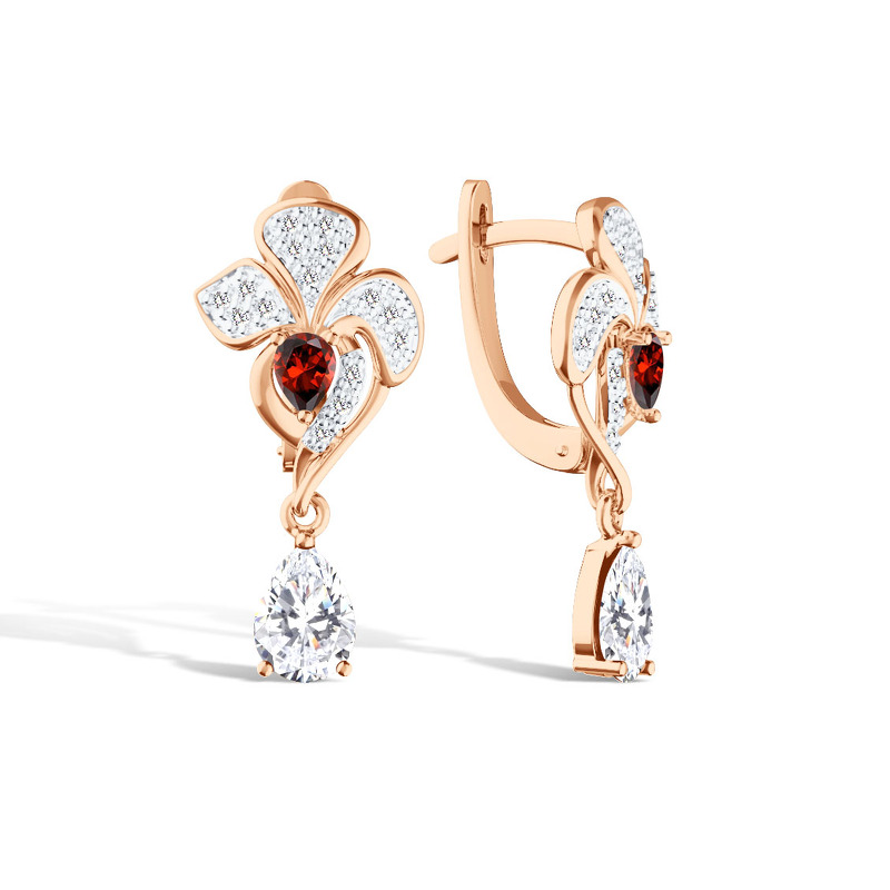 Серебряные серьги с горным хрусталем, гранатом и муассанитами