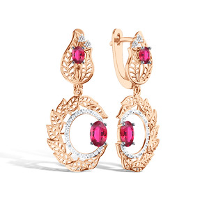 Серебряные серьги с рубином, муассанитами и бриллиантами