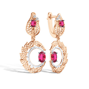 Серебряные серьги с рубином, муассанитами и бриллиантами